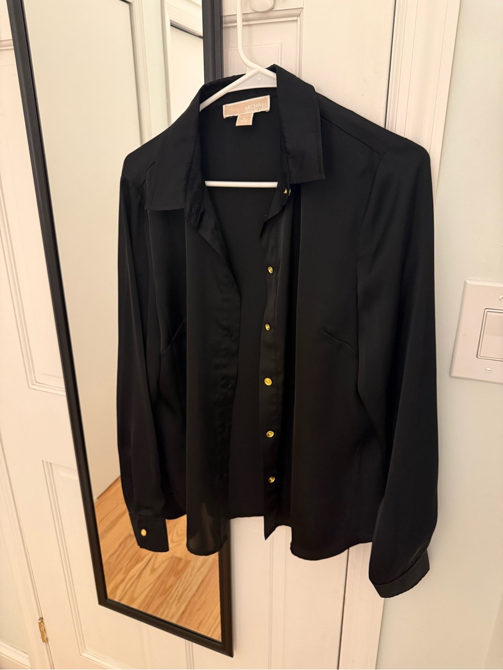 Michael Kors Black Satin-Look Button Front Jacket with Gold Buttons